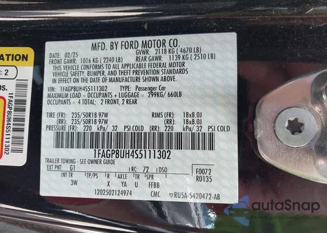 2025 Ford Mustang Ecoboost Premium из США, поврежденный, VIN 1FAGP8UH4S5111302